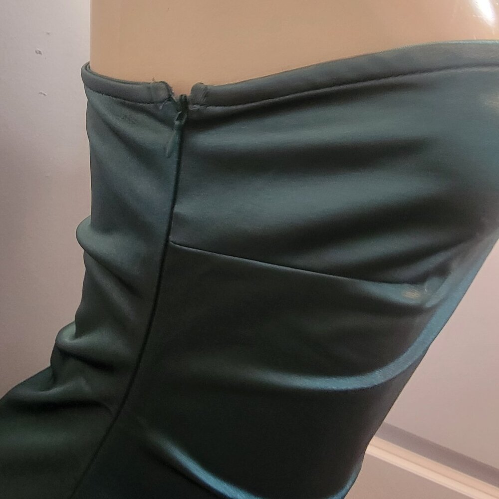 Elegant One Shoulder Sleeveless Split Hem Satin Party Cocktail Midi Dress Green - Picture 7 of 13